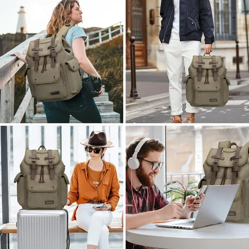 Vista 9 de WITZMAN Mochila de lona para hombre, mochila vintage para laptop de 15.6 pulgadas, mochila de viaje de alta capacidad casual (A8004 verde militar)