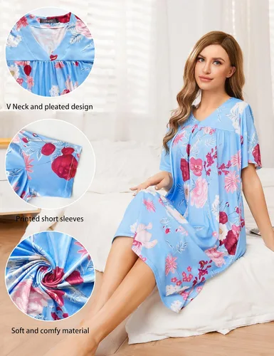 Vista 6 de Bloggerlove House Dress for Women Cotton MooMoo Dresses with Pockets Floral Pleated Short Sleeve V-Neck Mumus for Lounging