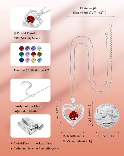 Vista 4 de Sterling Silver Necklace for Women - Heart Birthstone Pendant Jewelry, Gifts for Wife, Girlfriend, Mom, Birthday and Anniversary (925 Silver)