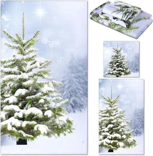 Vista 31 de Preboun Juego de 3 toallas de baño navideñas de gnomo, toallas de mano con árbol de Navidad, toallas de baño con copos de nieve de invierno, toallas