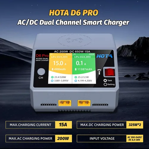 Vista 5 de HOTA D6 Pro RC Batería AC200W DC 325W Dual RC Cargador 15A Balance Cargador para RC 1S 2S 3S 4S 5S 6S Lipo Baterías LiHv Nicd NiMH Carga de batería
