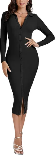 Vista 5 de LYANER Vestido midi ajustado de manga larga con cuello en V y cuello en V para mujer