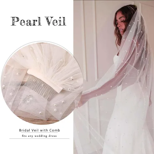 Vista 3 de Velos de novia con perlas y flores, catedral, velo de novia, 118 pulgadas, velos para novias, 1 nivel, longitud de los dedos, peine para el cabello