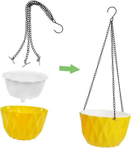 Vista 6 de Yardwe Maceta colgante para exteriores, maceta de riego automático amarilla, cuenco de plástico a prueba de óxido, cadena triangular estable