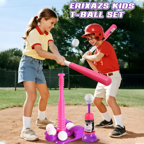 Vista 8 de Juego de pelota para niños, juegos de bolas en T rosa para niños pequeños de 1 a 3 años, juguetes de béisbol con 6 bolas/guante/máquina