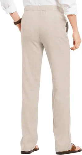 Vista 2 de COOFANDY Pantalones casuales de lino para hombre con cintura elástica y cordón para playa