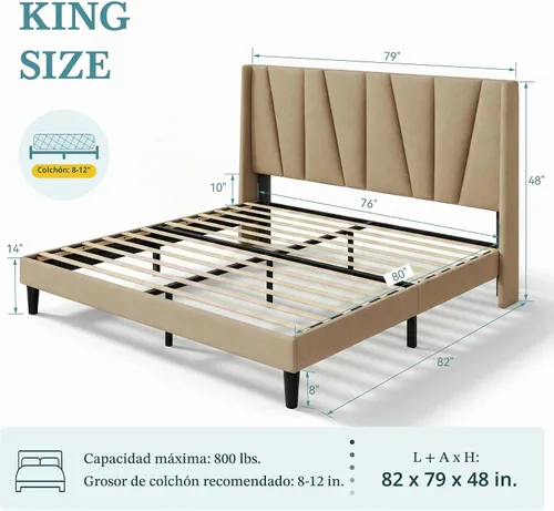 Vista 2 de HOOMIC Base de cama tapizada King con cabecero, color beige Beige claro