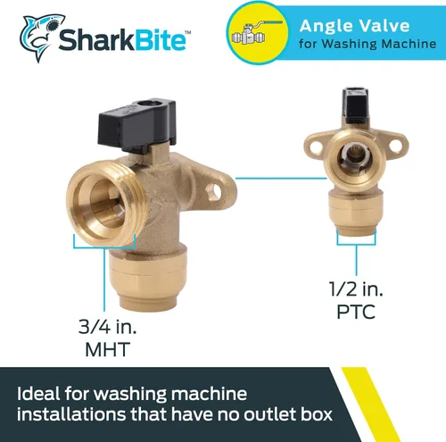Vista 2 de SharkBite Válvula de ángulo para lavadora MHT de 1/2 pulgada x 3/4 pulgada, accesorio de plomería de latón de conexión a presión, tubería PEX