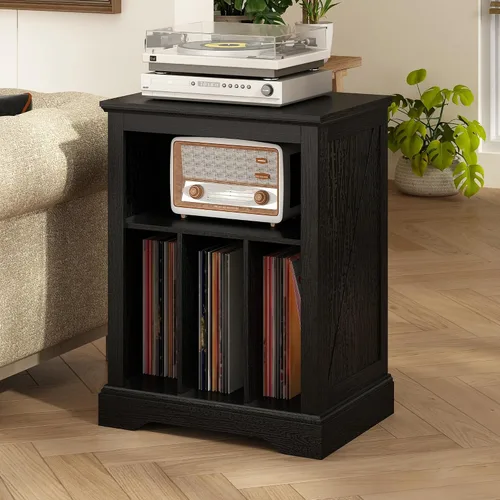 Vista 9 de Soporte de tocadiscos estilo granja, mesa auxiliar de 3 niveles, soporte para tocadiscos con almacenamiento para discos de vinilo, gabinete