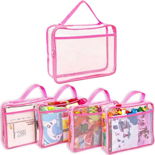 Vista 8 de Juego de 4 bolsas de almacenamiento de juguetes con cremallera para niños y niñas, bolsas organizadoras grandes de PVC con bolsillos laterales