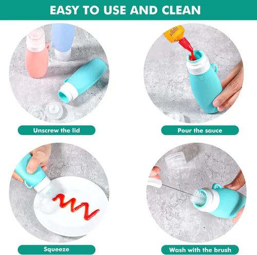 Vista 5 de Webake Botellas de aderezo de ensalada exprimibles de 3 onzas con cepillo de limpieza, paquete de 4 recipientes pequeños para aderezo para ensaladas