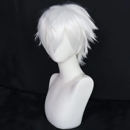 Vista 3 de Anogol Gorro de pelo + peluca corta blanca para hombres, peluca blanca para cosplay, peluca blanca corta para Halloween, evento de Navidad, fiesta
