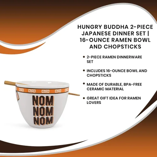 Vista 7 de Toynk Hungry Buddha Nom - Juego de tazón de cerámica y palillos para ramen, cuenco de sopa japonés de 16 onzas, juego de vajilla Tazón de fideos