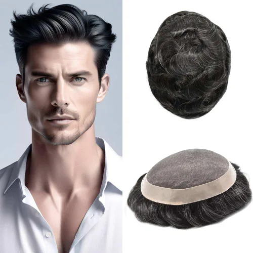 Vista 89 de Fine Mono Men Hair System Mens Toupee Real Human Hair Pieces For Men's Toupee Hair System For Men Hair Piece Natural Hairline 6X8 densidad de luz