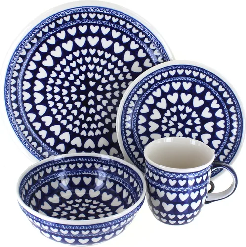 Vista 10 de Cerámica polaca de rosas azules, juego de vajilla de 16 piezas con diseño de mariposa floral roja, 4 lugares, ideal para cenas diarias, comidas
