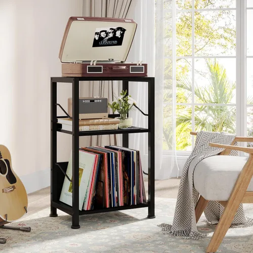 Vista 2 de Hosfais Soporte para tocadiscos de 3 niveles, discos de vinilo retro para almacenamiento de discos de vinilo para sala de estar y dormitorio (negro)