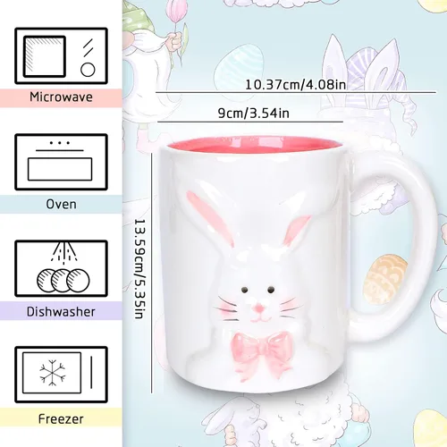 Vista 2 de Whaline 2 tazas de Pascua con asa de 12 onzas, conejo de cerámica, taza de café blanca y rosa para cumpleaños, baby shower, fiesta, decoración