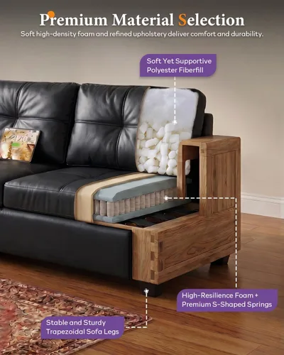 Vista 5 de Sofá seccional de cuero sintético negro, juego de sofá de 3 piezas para TYBOATLE Sofá modular convertible de cuero, cómodo mueble de 3 piezas
