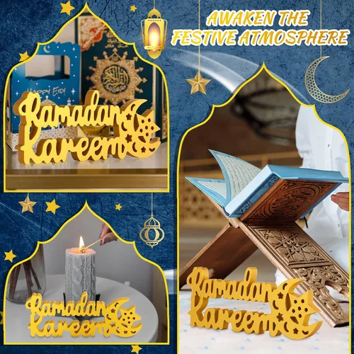 Vista 4 de Queekay Ramadan Kareem Decoraciones para el hogar, Ramadán Kareem decoración de mesa 9.84 x 3.74 pulgadas, letrero Mubarak de madera, centro