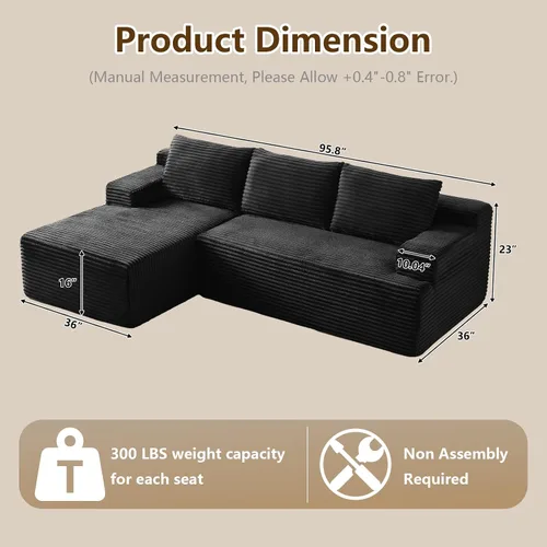 Vista 2 de Sofá modular de 96 pulgadas en forma de L, sofá modular de 3 asientos, sofá modular de pana de espuma viscoelástica sin hueso para sala de estar