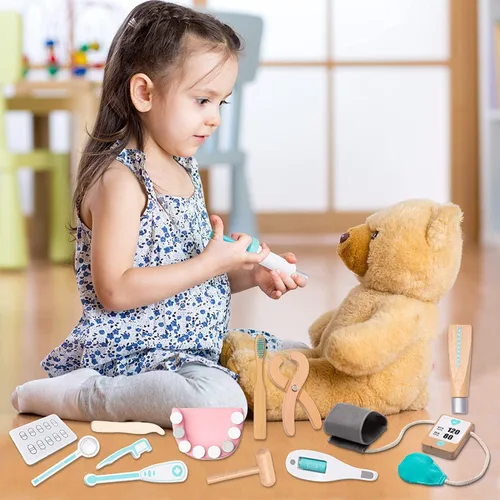 Vista 4 de umu Kit de médico para niños, juguete de simulación de 36 piezas de madera para niños pequeños, kit de dentista Montessori Toys para niños y niñas