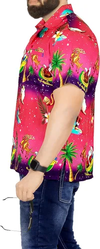 Vista 3 de LA LEELA Camisa de vestir de manga corta para hombre, diseño de Papá Noel, para vacaciones, hawaiano, de Navidad, para hombre