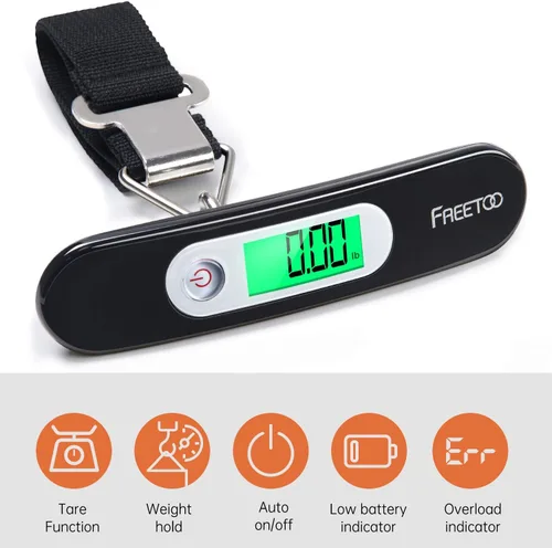 Vista 9 de FREETOO Báscula de equipaje portátil digital colgante para viajes, báscula de peso de maleta con laca de piano superior, capacidad de 110 libras