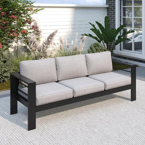 Vista 24 de Solaste Sofá de aluminio para patio con mesa auxiliar, juego de 3 muebles de patio con cojines, sofá de exterior para todo tipo de clima