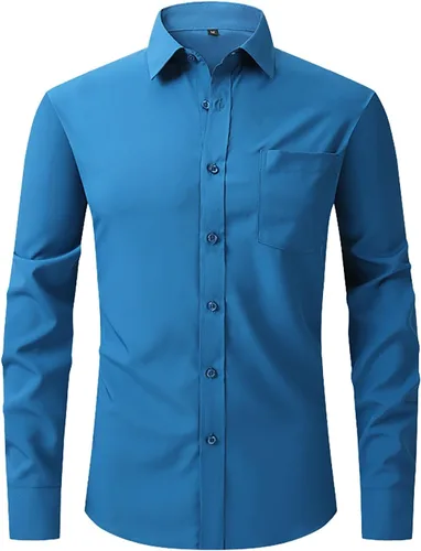 Vista 11 de Camisas de vestir de ajuste regular para hombre, de manga larga, elásticas, sin arrugas, con botones, blusa formal ligera y sólida