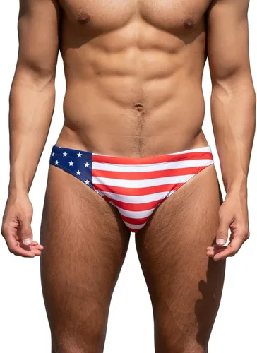 Vista 11 de YUZHOU Men's Swim Briefs American Flag Sexy Bikini Swimwear with Drawstring