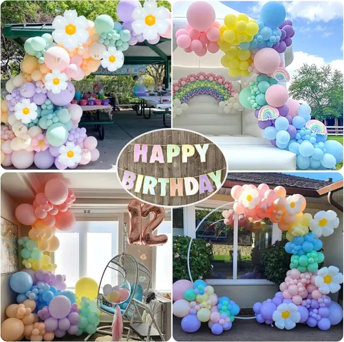 Vista 6 de Decoraciones de primer cumpleaños para niña, 219 margaritas para primer cumpleaños, kit de arco de globos pastel, pancarta de feliz cumpleaños