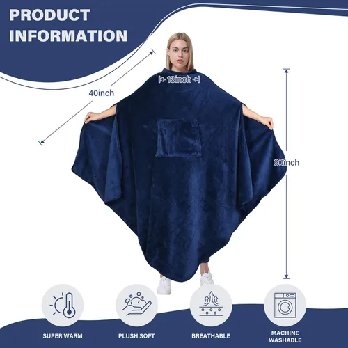 Vista 5 de Catalonia Poncho de Manta Vestible para Adultos, Súper Suave y Cómoda Manta Tipo Capa para TV para Mujeres y Hombres, Azul marino