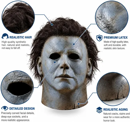 Vista 3 de WPOZD Michael Myer - Máscara de látex con pelo para Halloween, 11.8x7.9 in Cara azul