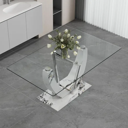 Vista 3 de Una mesa rectangular moderna y simple, equipada con una mesa de vidrio templado de 0.39 pulgadas y patas de tablero de densidad media, y estantes