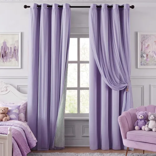 Vista 13 de cortinas 100% opacas para dormitorio, cortinas rosadas de doble capa, cortina oscura de 96 pulgadas de largo con superposición transparente