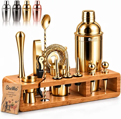 Vista 8 de Barillio Black Bartender Kit – Juego de coctelera de acero inoxidable con soporte de bambú – Herramientas de barra de mixología con coctelera