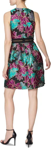 Vista 2 de LAUNDRY BY SHELLI SEGAL Vestido jacquard ajustado y acampanado para mujer con ribete de encaje