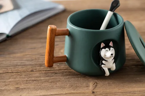 Vista 5 de DIHOclub Taza de café de cerámica con tapa y cuchara a juego, taza novedosa 3D con patrón de Husky para té, leche, chocolate, jugo, taza linda