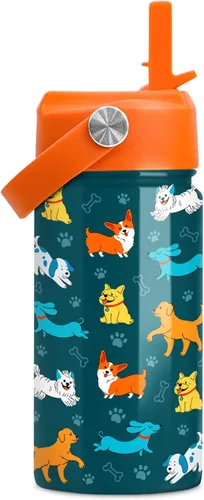 Vista 10 de SANDJEST Botella de Agua para Niños con Tapa de Pajita - 12 Oz Botella de Acero Inoxidable Aislada con Dibujo de Animales para Niños y Niñas - Taza