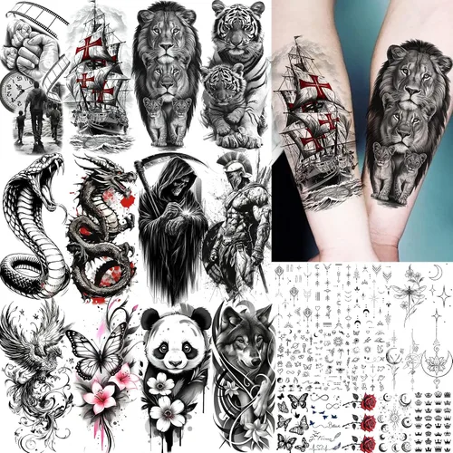Vista 9 de VANTATY 20 hojas de tatuajes temporales extra grandes de brazo completo para hombres adultos, manga de tatuajes temporales de tigre, serpiente