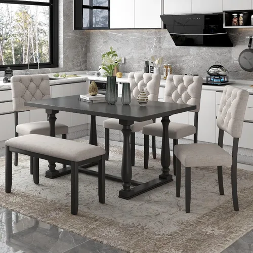Vista 18 de Harper & Bright Designs Juego de mesa de comedor de cocina de madera maciza de 60 pulgadas, mesa rectangular de 60 pulgadas con 4 sillas tapizadas
