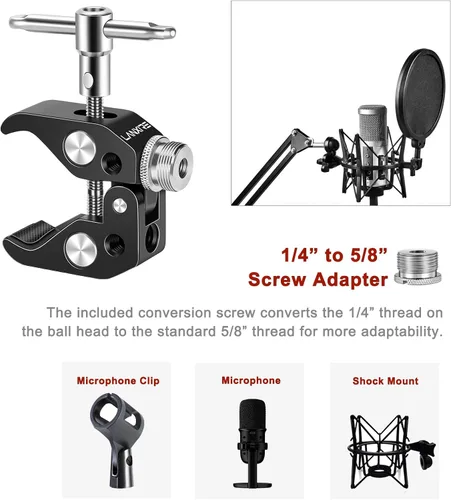 Vista 6 de Clip de micrófono con abrazadera de micrófono con tornillo de micrófono de 5/8 pulgadas, compatible con micrófono, soporte de micrófono y accesorios