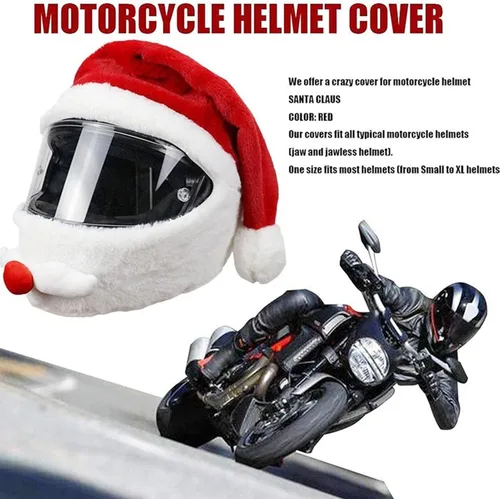 Vista 4 de Cubierta de casco de motocicleta de Papá Noel de Navidad, accesorios de decoración para montar en Navidad, Santa motocicleta, cubierta de casco