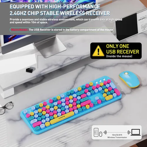 Vista 2 de Combo de teclado y ratón inalámbrico con botón de interruptor - Teclado de máquina de escribir inalámbrico de 2.4GHz Suspensión automática azul