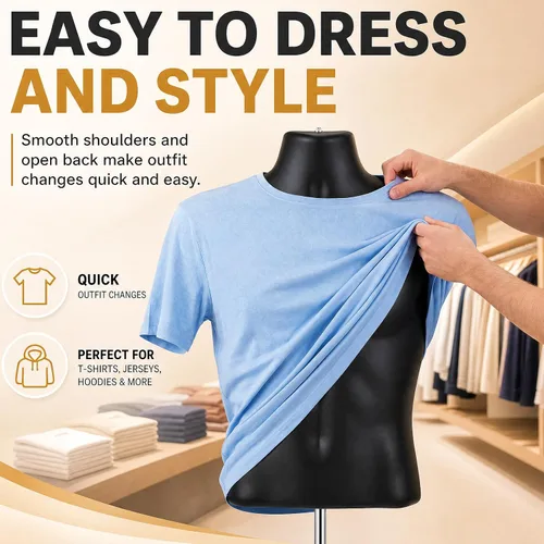 Vista 5 de Geetery 1 paquete de maniquí masculino de medio cuerpo con soporte y gancho para colgar, forma de vestido apilable con espalda hueca para exhibición