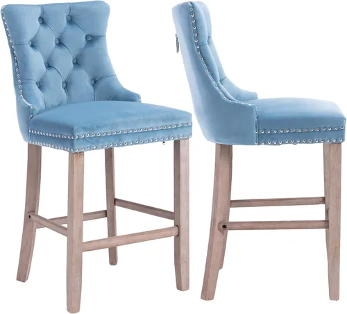 Vista 34 de Taburetes de bar tapizados de terciopelo modernos de 27 pulgadas con patas de madera, botón con cabeza de clavo cromada, taburetes de bar con Beige