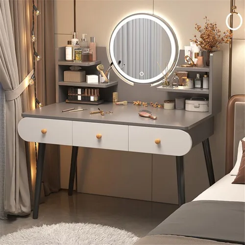 Vista 12 de Tocador con espejo iluminado, estilo simple, moderno, estándar, escritorio de madera, 2 cajones, tocador de maquillaje para dormitorio, vestidor