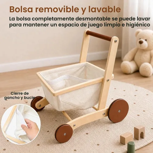 Vista 7 de Woodtoe Andador de madera para bebés, cochecito de muñeca para niños y Caminante de aprendizaje para bebés, ruedas traseras grandes y estables