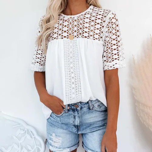 Vista 4 de Women Summer Tops White Lace Hollow Out Stitching T Shirt Casual Round Neck Pullover Elegant Tunic Blouse Tees