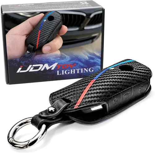 Vista 8 de iJDMTOY Emblemático llavero de cuero con patrón de fibra de carbono negro de 3 colores con llavero compatible con el mando a distancia BMW